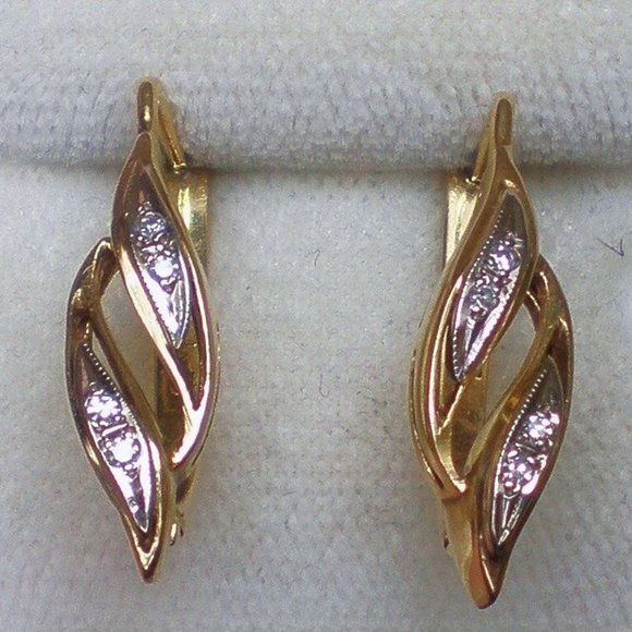 Vintage Original Soviet USSR Solid 18K 750 Yellow White Gold Diamond Earrings - Picture 7 of 7